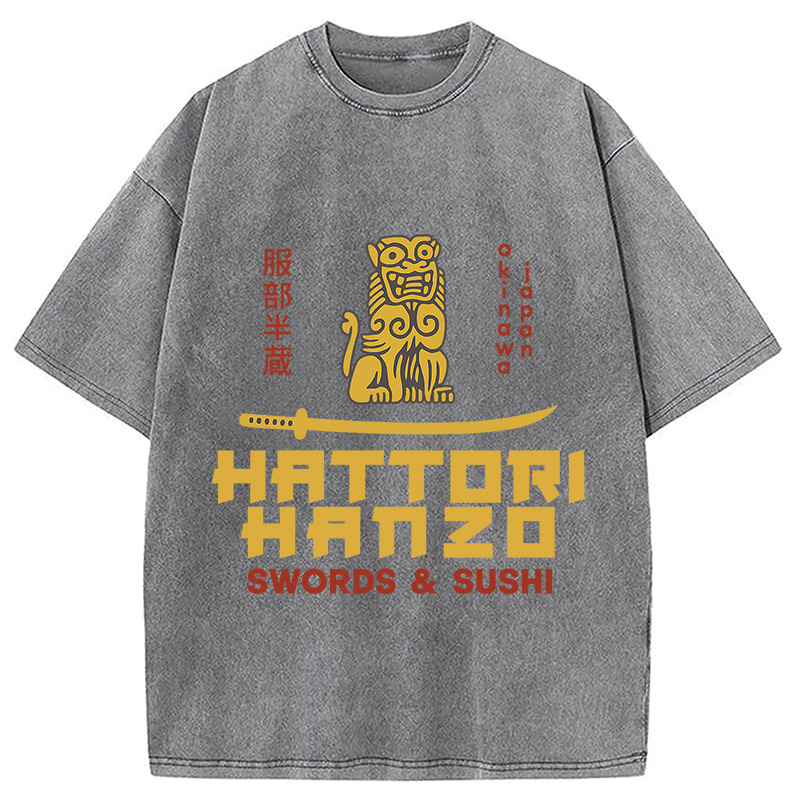 Modecanvas intage Japanese Samurai Sword Action Kill Washed T-Shirt