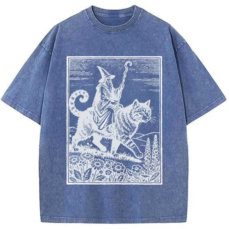Modecanvas Wizard Cat Rider Vintage DTG Printing Washed T-Shirt