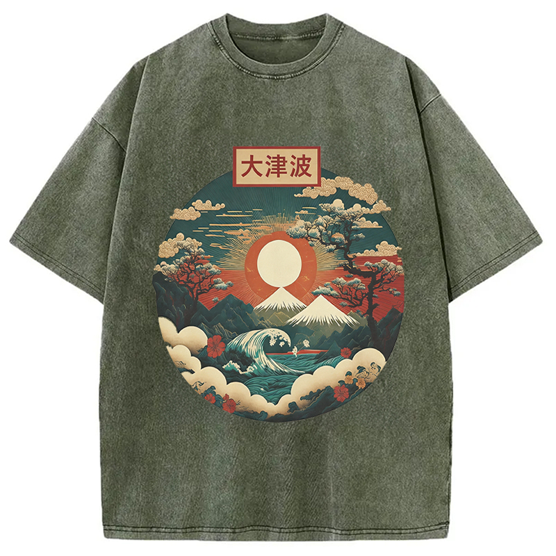 Modecanvas Japanese Red Sunset DTG Printing Washed T-Shirt