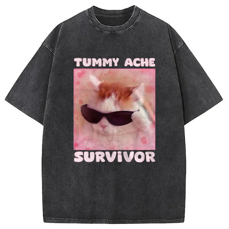 Modecanvas Tummy Ache Survivor Funny Cat Meme Washed T-Shirt-modecanvas