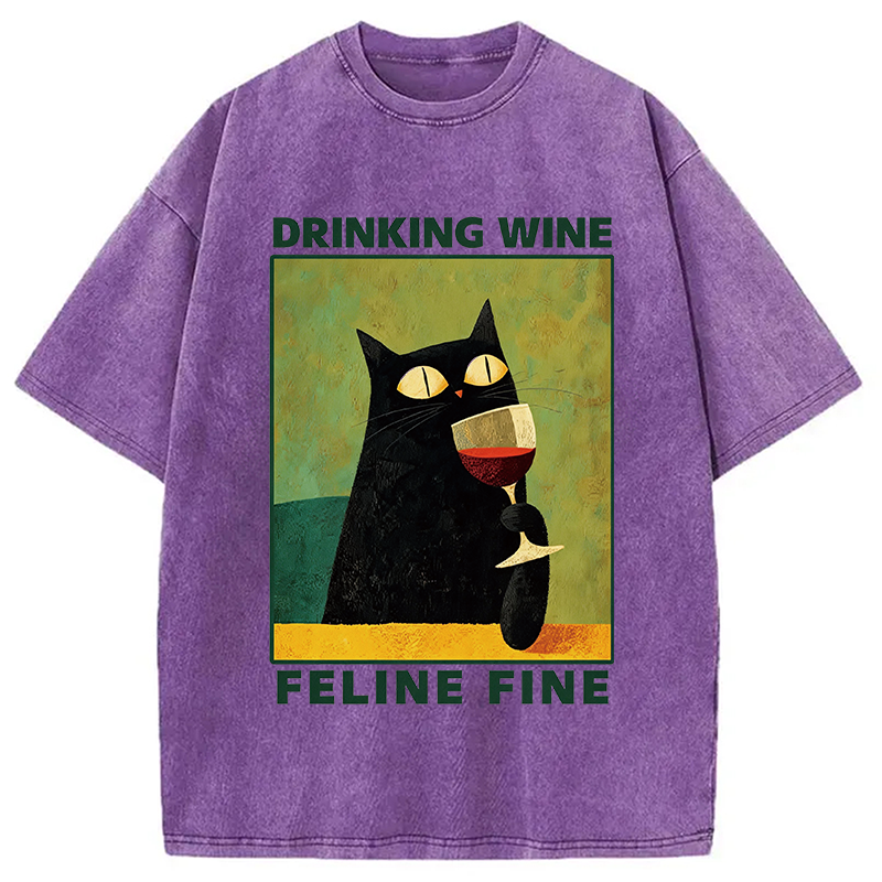Modecanvas Drinking Wine Feline Wine DTG Printing Washed T-Shirt
