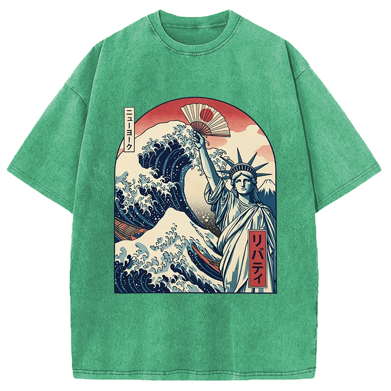 Modecanvas Ukiyo-e Statue Of Liberty DTG Printing Washed T-Shirt