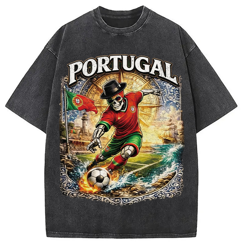 Modecanvas Portugal Soccer Skull DTG Printing Washed T-Shirt