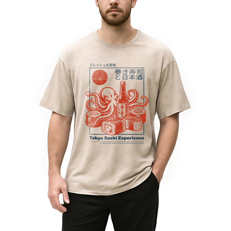 Modecanvas Tokyo Sushi Beer DTG Printing Washed T-Shirt