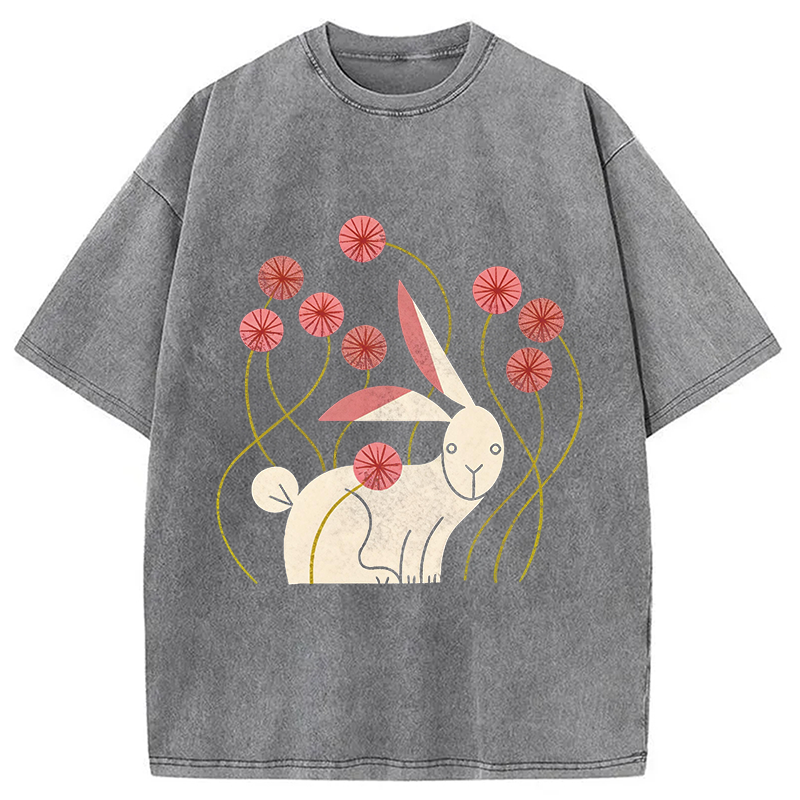 Modecanvas Rabbit and Wildflowers DTG Printing Washed T-Shirt