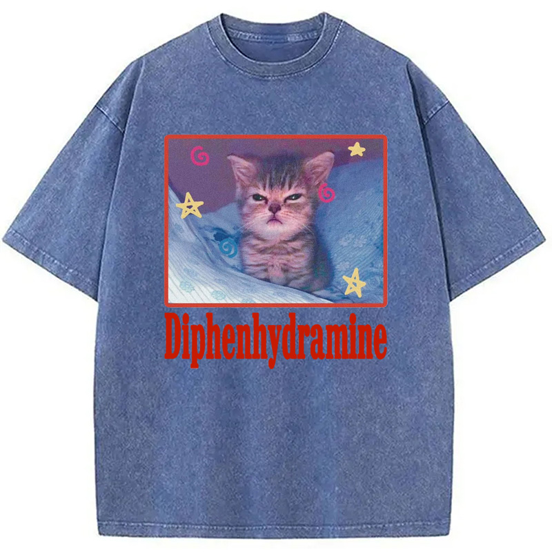 Modecanvas Diphenhydramine Cat Meme Washed T-Shirt-modecanvas
