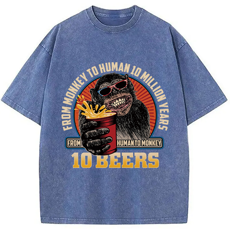 Modecanvas Human To Monkey In 10 Beers Funny Alcohol DTG Printing Washed T-Shirt