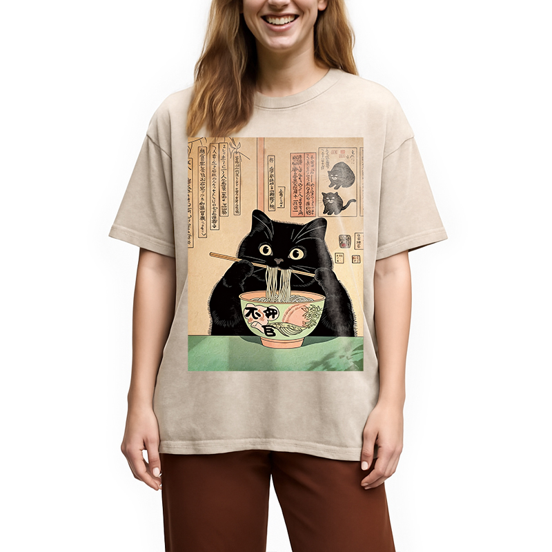 Modecanvas Black Cat Eating Noodles Washed T-Shirt