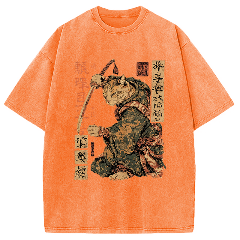 Modecanvas Japanese Katana Warrior Cat DTG Printing Washed T-Shirt-modecanvas