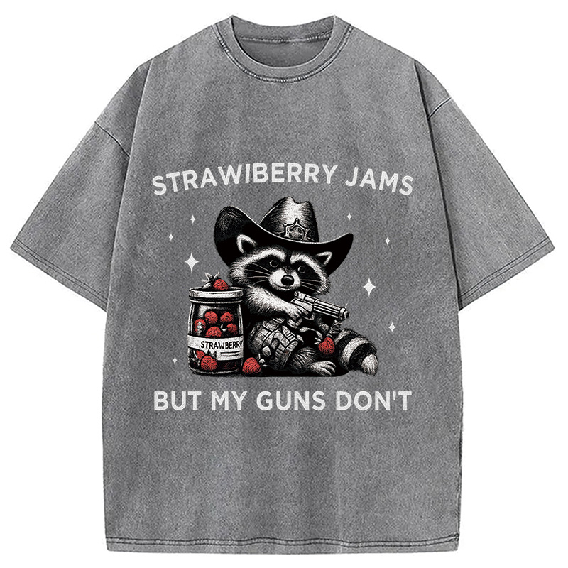 Modecanvas Strawberry Jams Funny Raccoon Cowboy Washed T-Shirt