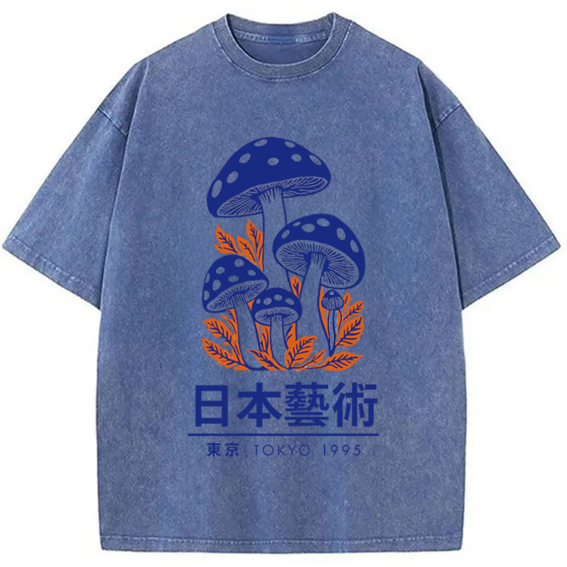 Modecanvas Japanese Art Blue Mushroom Washed T-Shirt