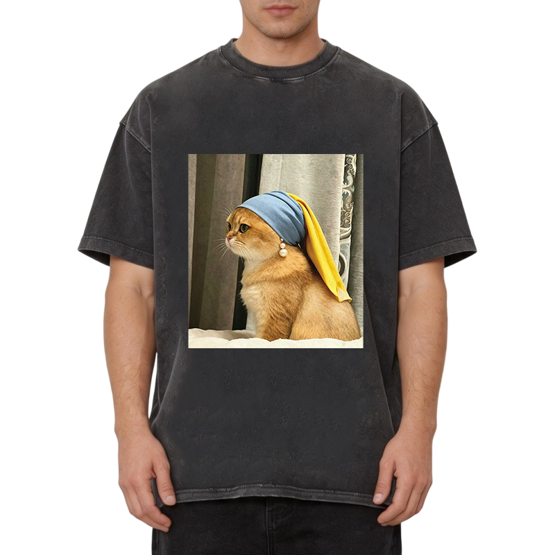Modecanvas Cat with Pearl Earring Meme DTG Printing Washed T-Shirt