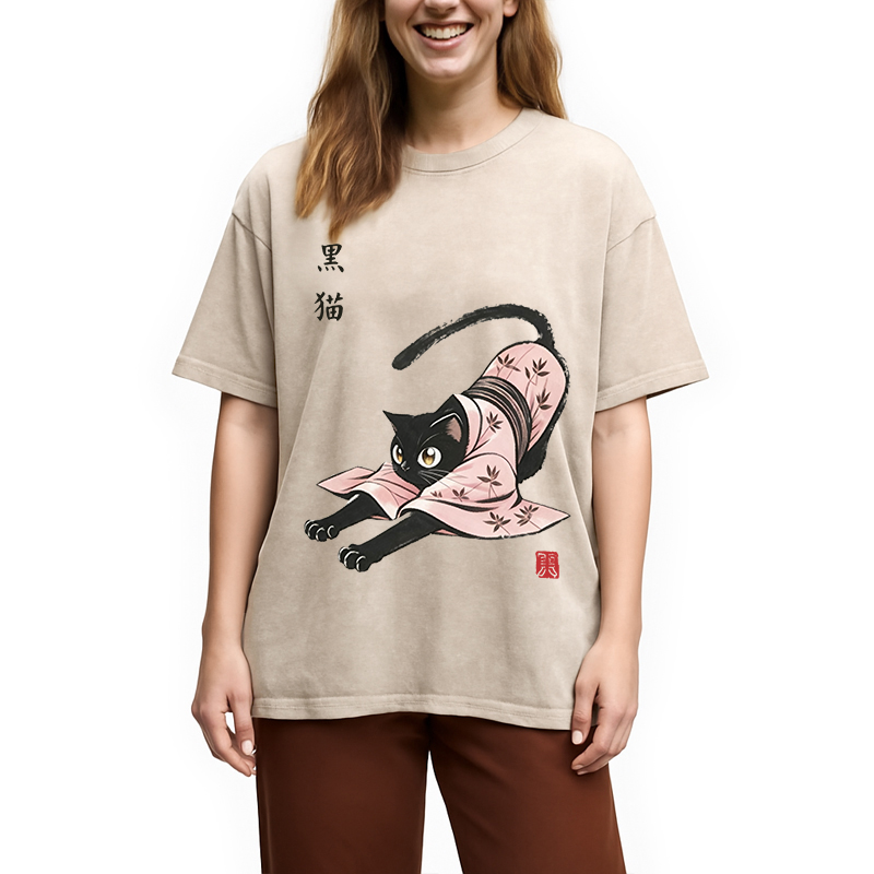 Modecanvas Yoga Black Cat DTG Printing Washed T-Shirt