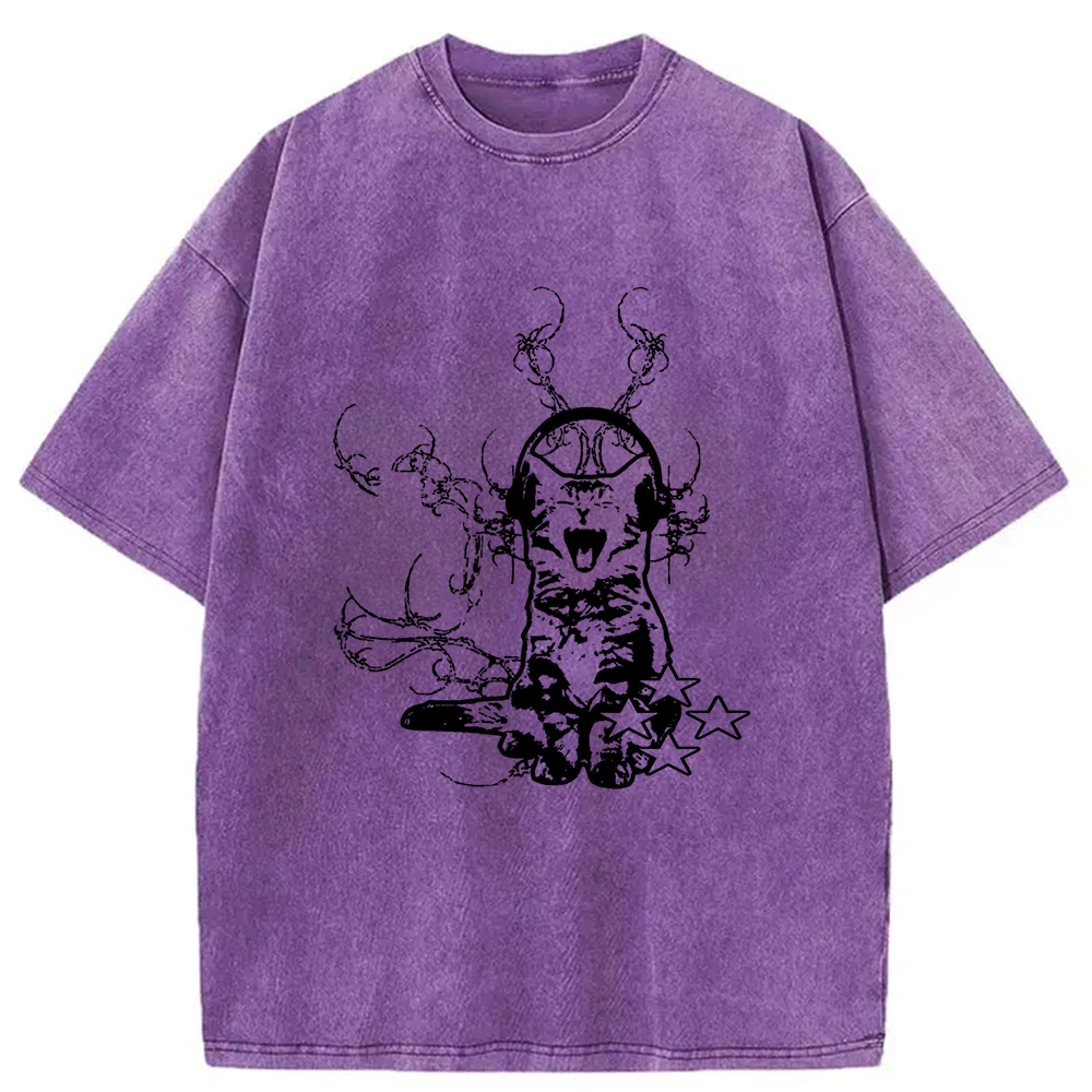 Modecanvas Funny Music Cat Washed T-Shirt