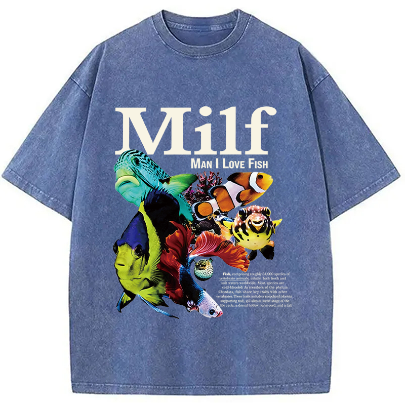 Modecanvas Man I Love Fish Vintage Meme Washed T-Shirt-modecanvas