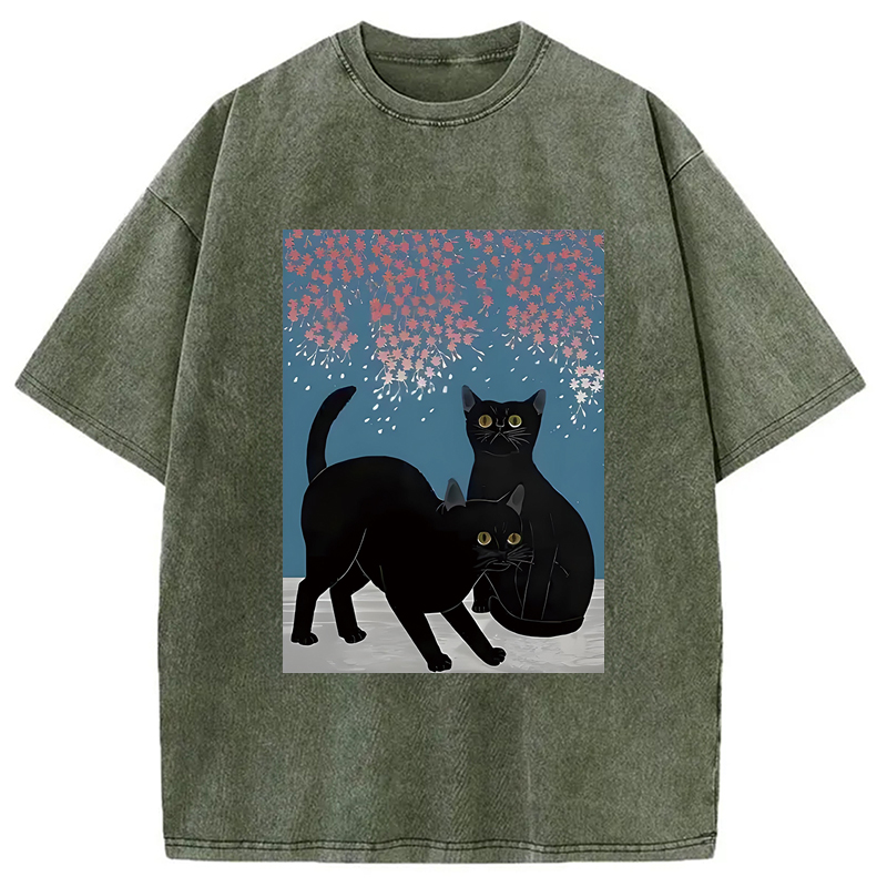 Modecanvas Black Cat Under The Sakura Washed T-Shirt