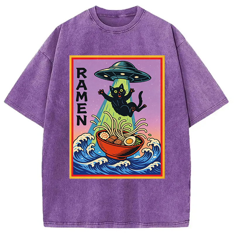 Modecanvas UFO Catching the Ramen Black Cat DTG Printing Washed T-Shirt