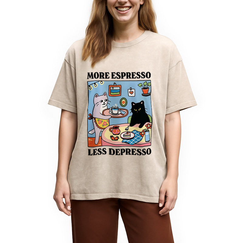 Modecanvas More Espresso Less Depresso Black Cat Kitchen Washed T-Shirt