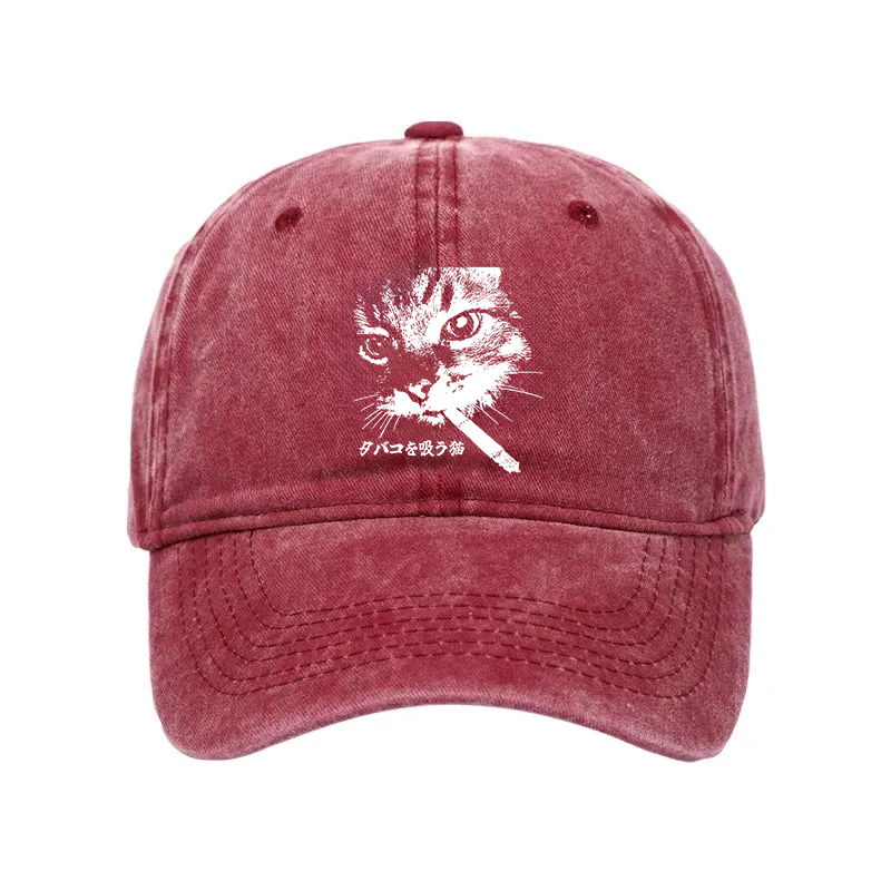 Modecanvas Retro Cat Smoking Washed Cap-modecanvas