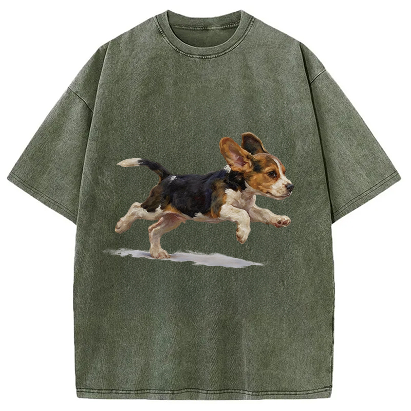 Modecanvas Funny Cute Running Beagle Puppy DTG Printing Washed T-Shirt