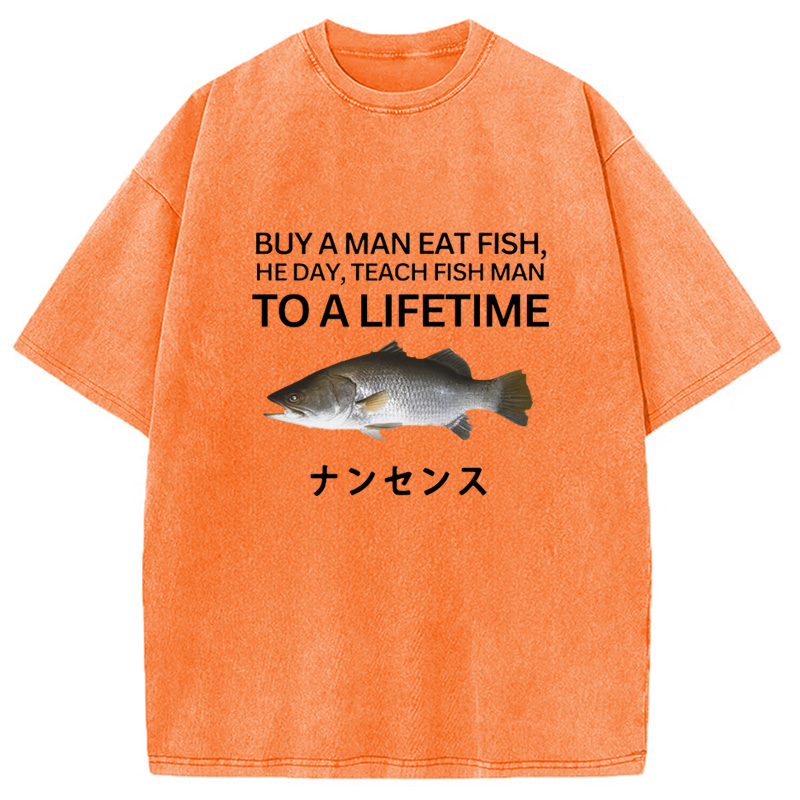 Modecanvas Buy a Man Eat Fish Washed T-Shirt-modecanvas