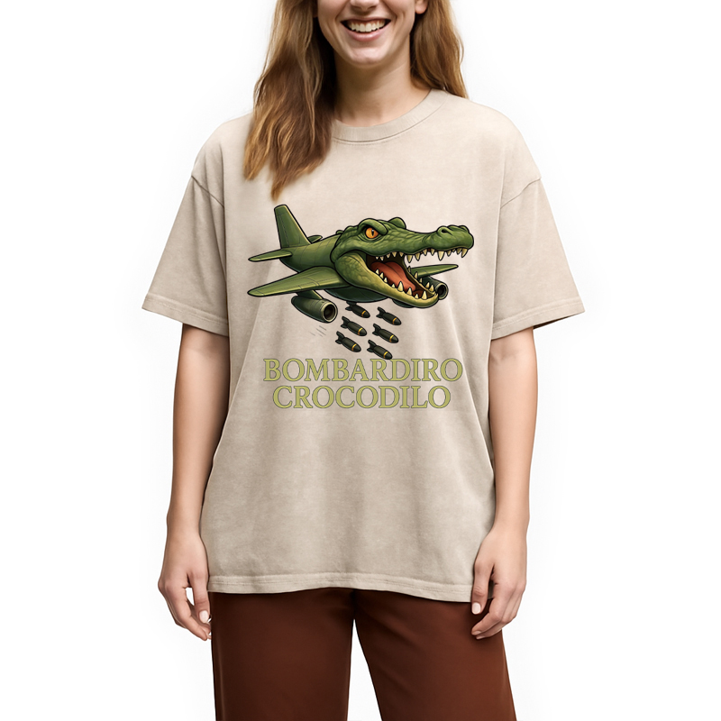 Modecanvas Bombardiro Crocodilo DTG Printing Washed T-Shirt-modecanvas
