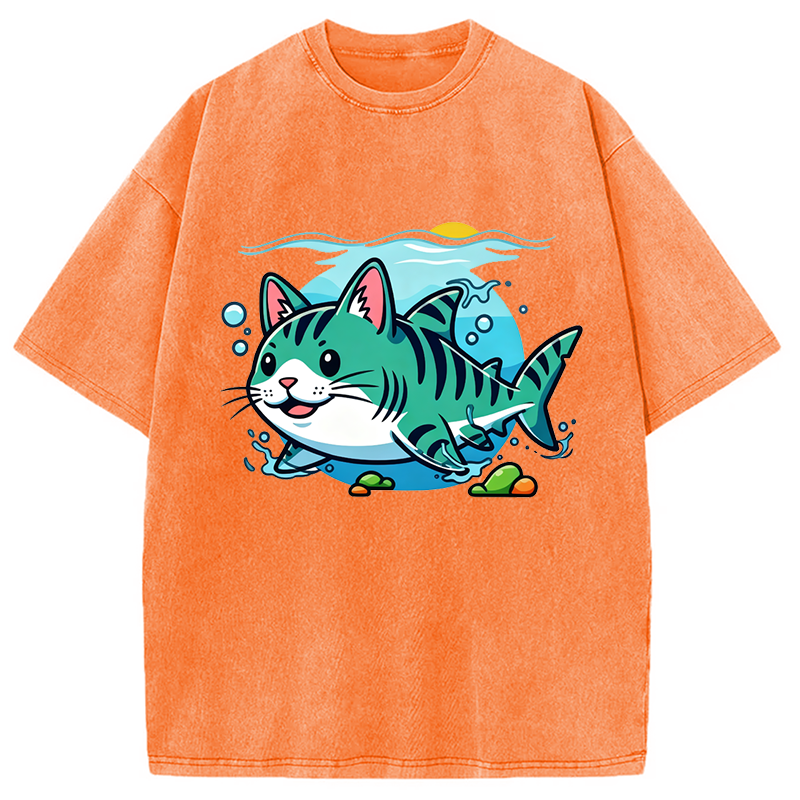 Modecanvas A Cat Shark Washed T-Shirt