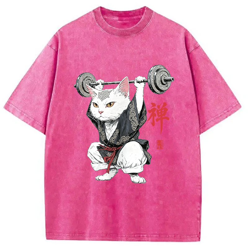 Modecanvas Zen Samurai Cat Weightlifter DTG Printing Washed T-Shirt