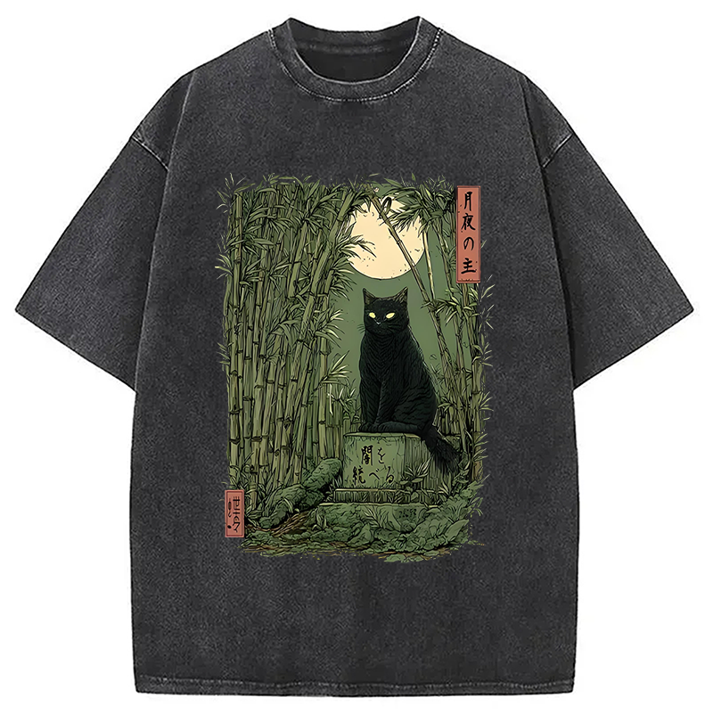 Modecanvas Black Cat In The Bamboo Forest Washed T-Shirt-modecanvas