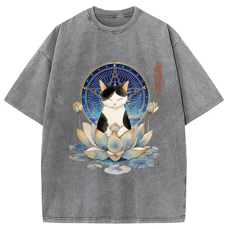 Modecanvas Funny Cat Lotus Zen Auspiciousness Washed T-Shirt