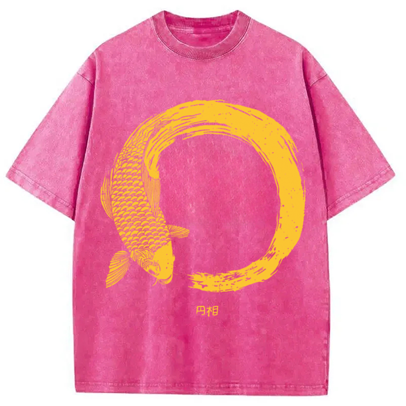 Modecanvas Orange Koi Fish Circle DTG Printing Washed T-Shirt