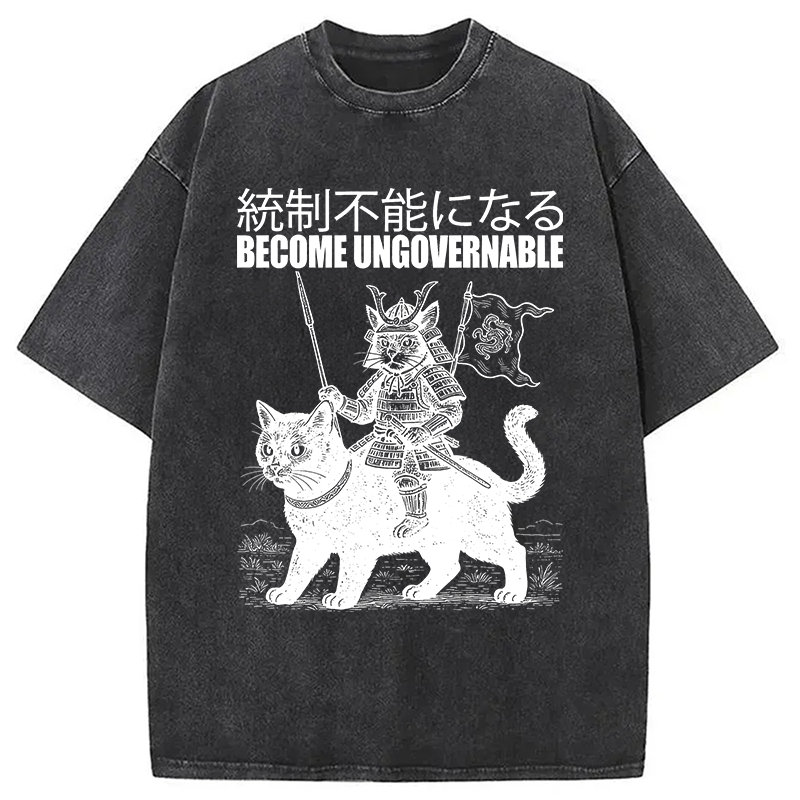 Modecanvas Become Ungovernable Japanese Funny Cat Samurai Riding A Cat DTG Printing Washed T-Shirt-modecanvas