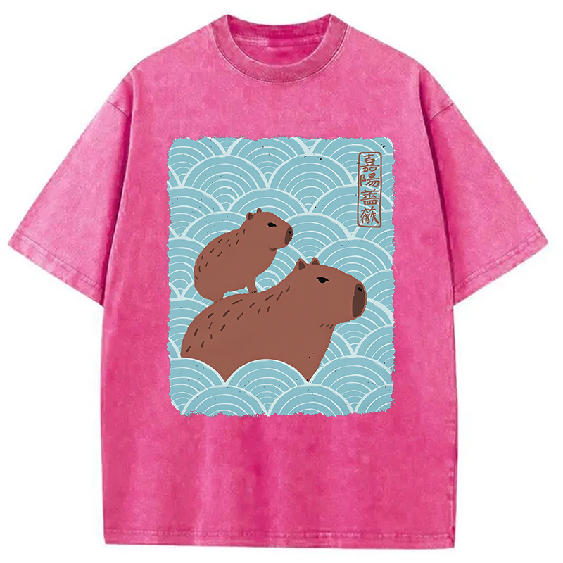 Modecanvas Kawaii Capybara Ukiyo-e Washed T-Shirt
