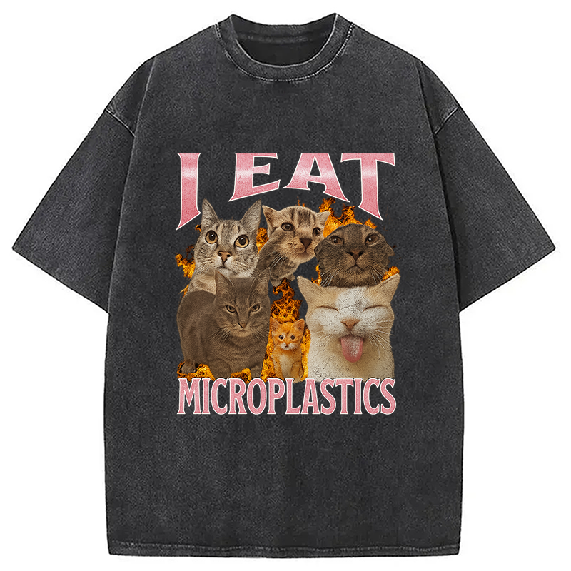 Modecanvas I Eat Microplastics Funny Cat Meme Washed T-Shirt-modecanvas