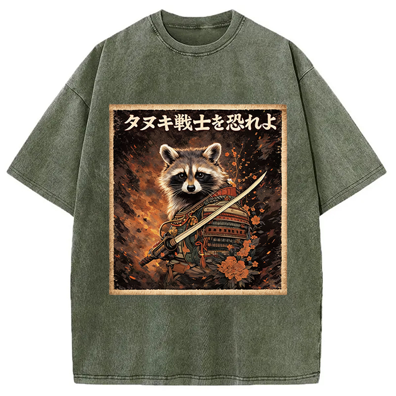 Modecanvas Japanese Raccoon Samurai Funny DTG Printing Washed T-Shirt