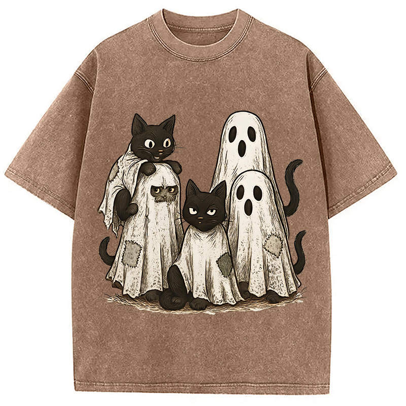 Modecanvas Funny Black Cats Ghost Washed T-Shirt