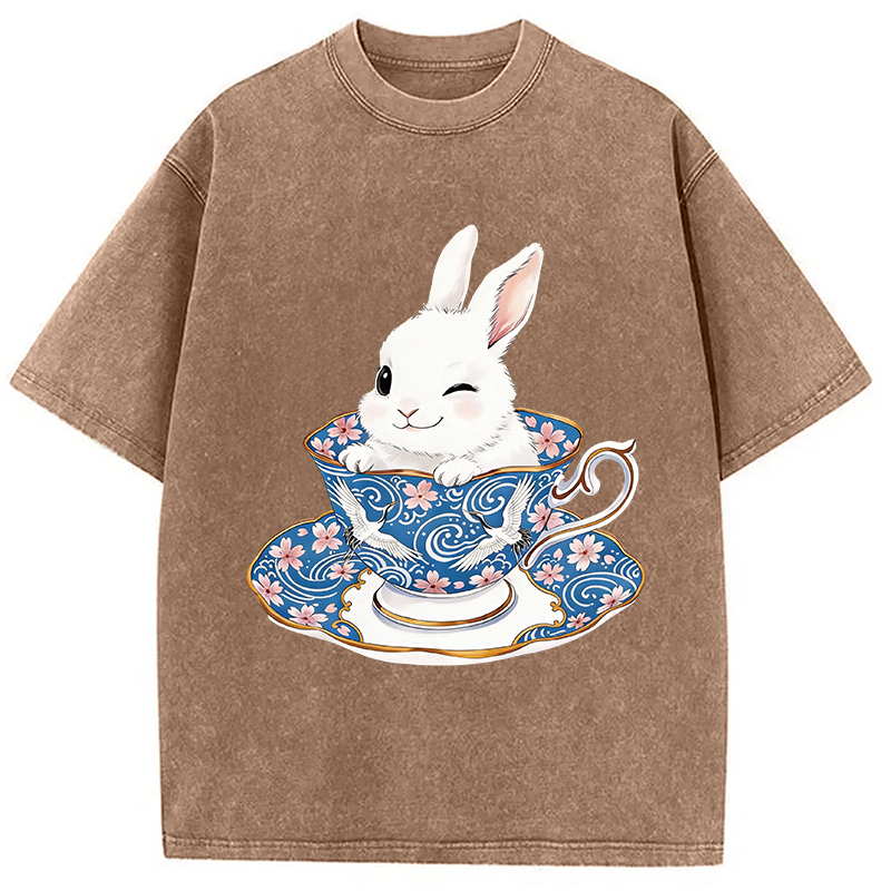 Modecanvas Cute Rabbit Tea Set DTG Printing Washed T-Shirt