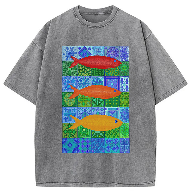 Modecanvas Three Fishes DTG Printing Washed T-Shirt