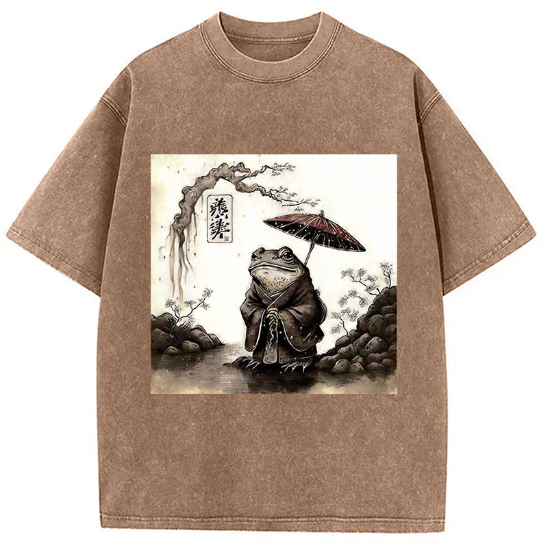 Modecanvas Rainy Day Frog DTG Printing Washed T-Shirt-modecanvas