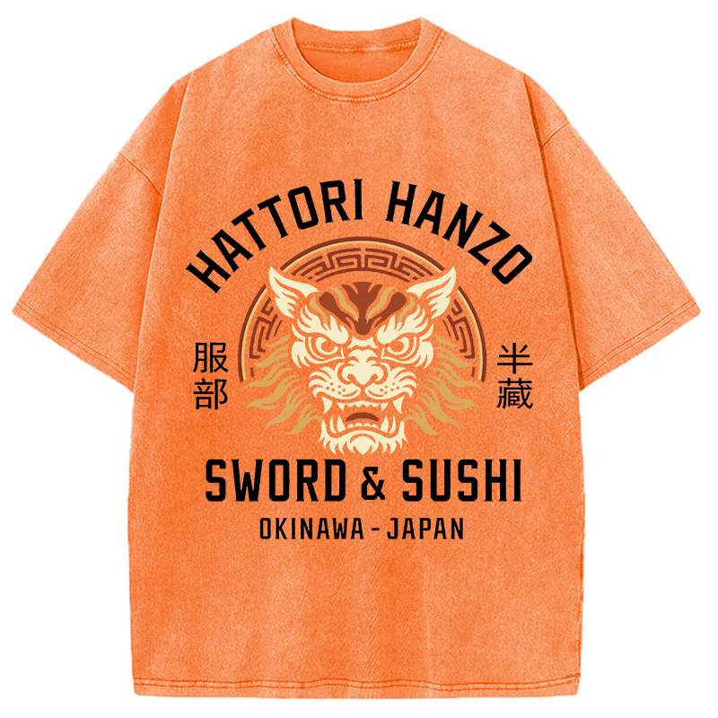 Modecanvas Hattori Lion Japanese Samurai DTG Printing Washed T-Shirt