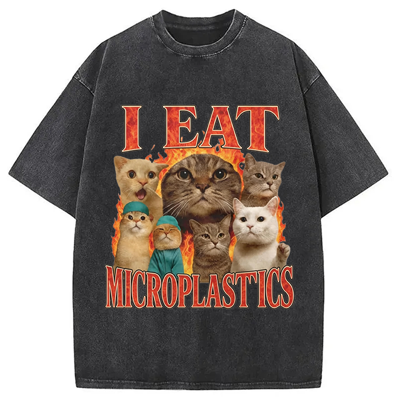 Modecanvas I Eat Microplastics Funny Cat DTG Printing Washed T-Shirt