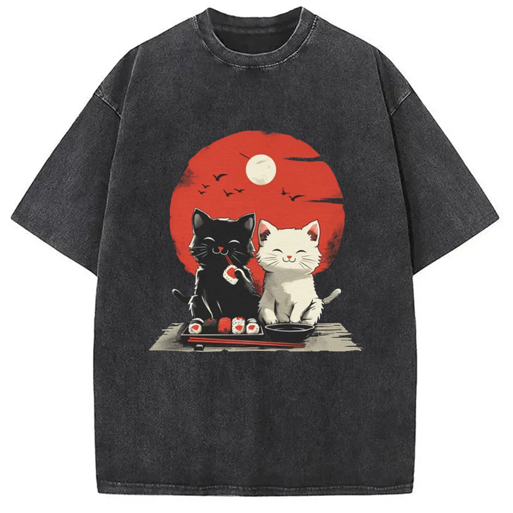 Modecanvas Black And White Cat Vintage Washed T-Shirt