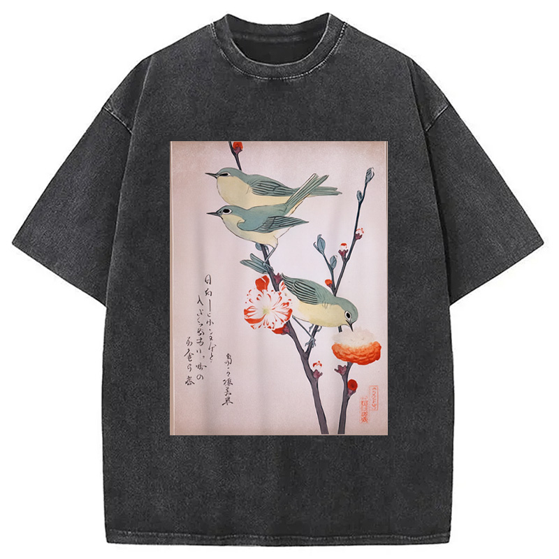 Modecanvas Japanese Art Birds on Cherry Blossom Washed T-Shirt
