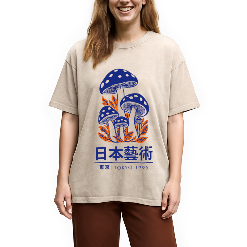 Modecanvas Japanese Art Blue Mushroom Washed T-Shirt