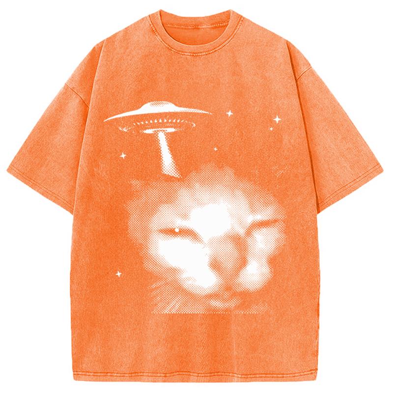 Modecanvas Alien Cat Meme UFO Vintage DTG Printing Washed T-Shirt