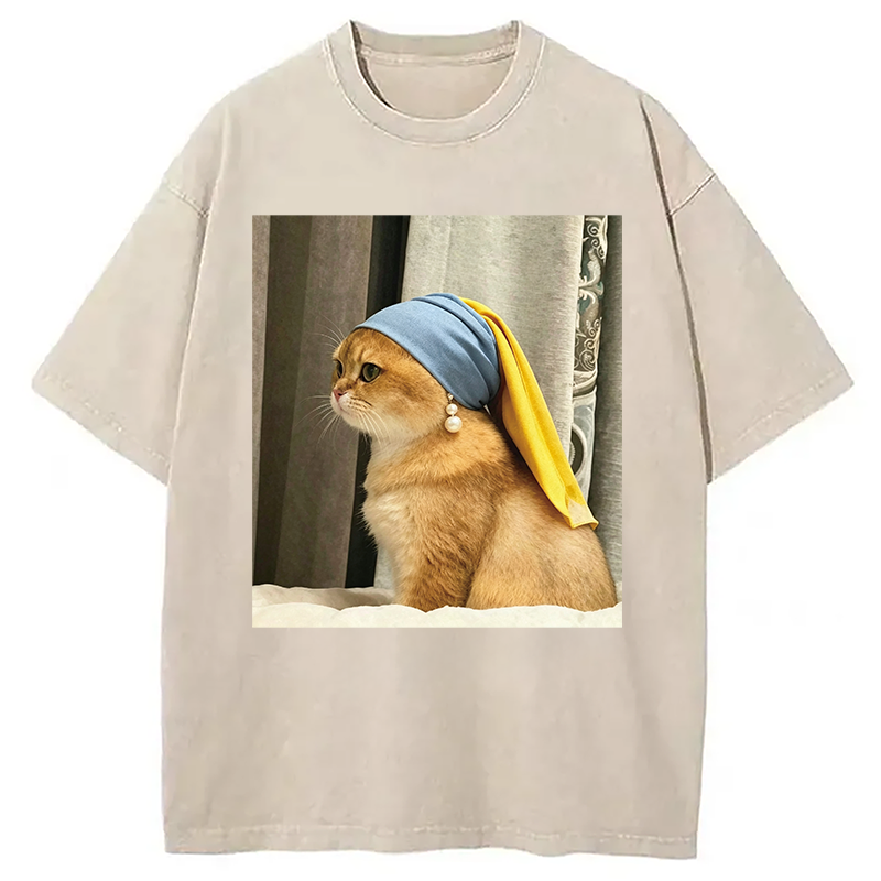 Modecanvas Cat with Pearl Earring Meme DTG Printing Washed T-Shirt