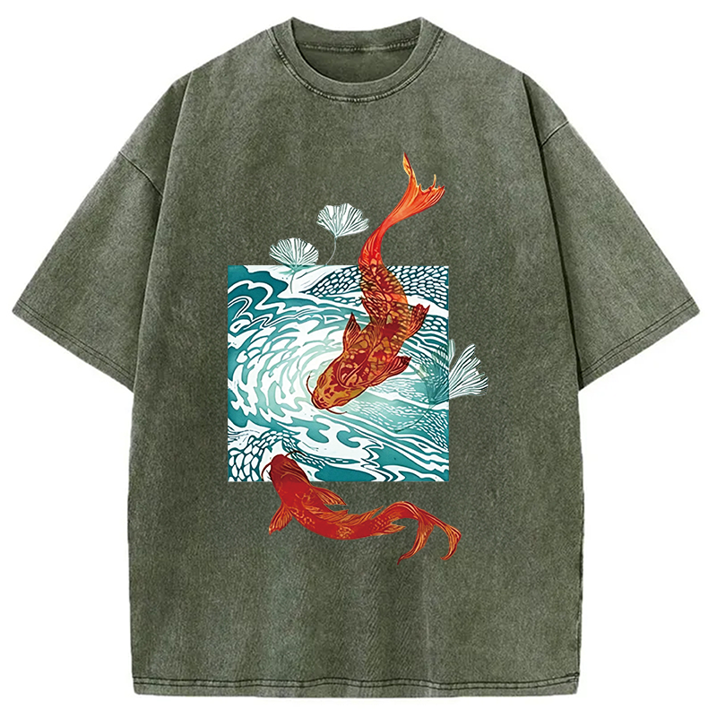Modecanvas Koi In Wave Patterns DTG Printing Washed T-Shirt