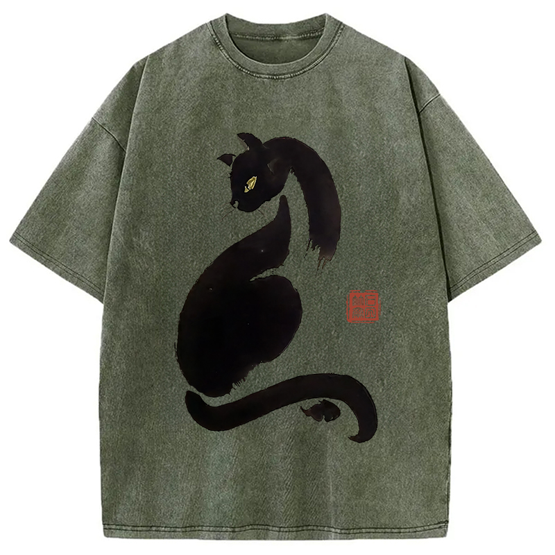 Modecanvas Elegant Black Cat Japan Washed T-Shirt