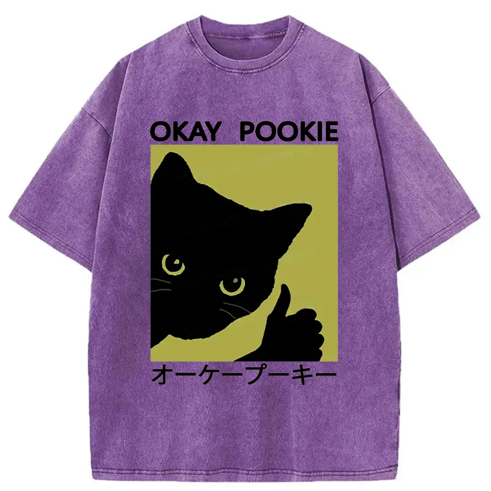 Modecanvas Okay Pookie Cat Washed T-Shirt-modecanvas