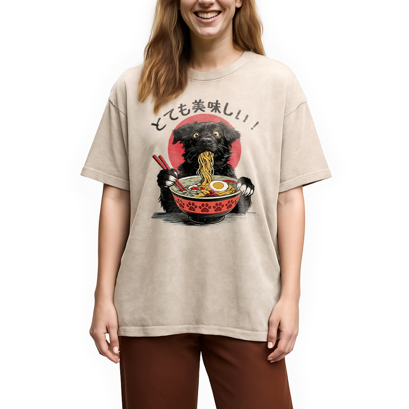 Modecanvas Dog Eating Ramen Joyfully DTG Printing Washed T-Shirt